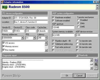 PowerStrip-Informationen zur ATI Radeon 8500 (Retail)