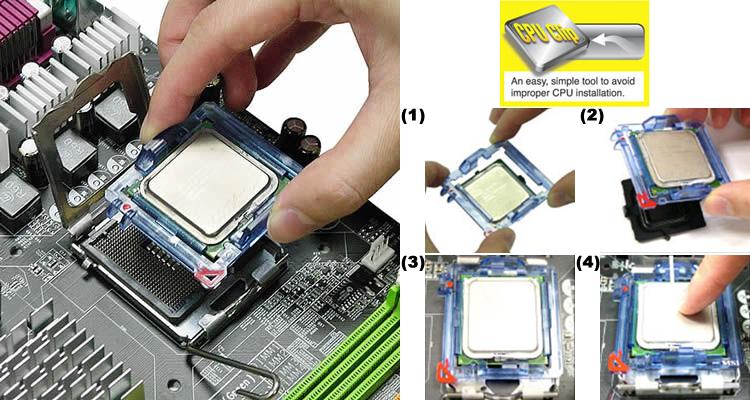 MSI CPU-Clip: (1) Clip auf CPU setzen und einrasten, (2) und (3) Clip mit CPU auf den Sockel setzen, (4) CPU in den Sockel drücken
