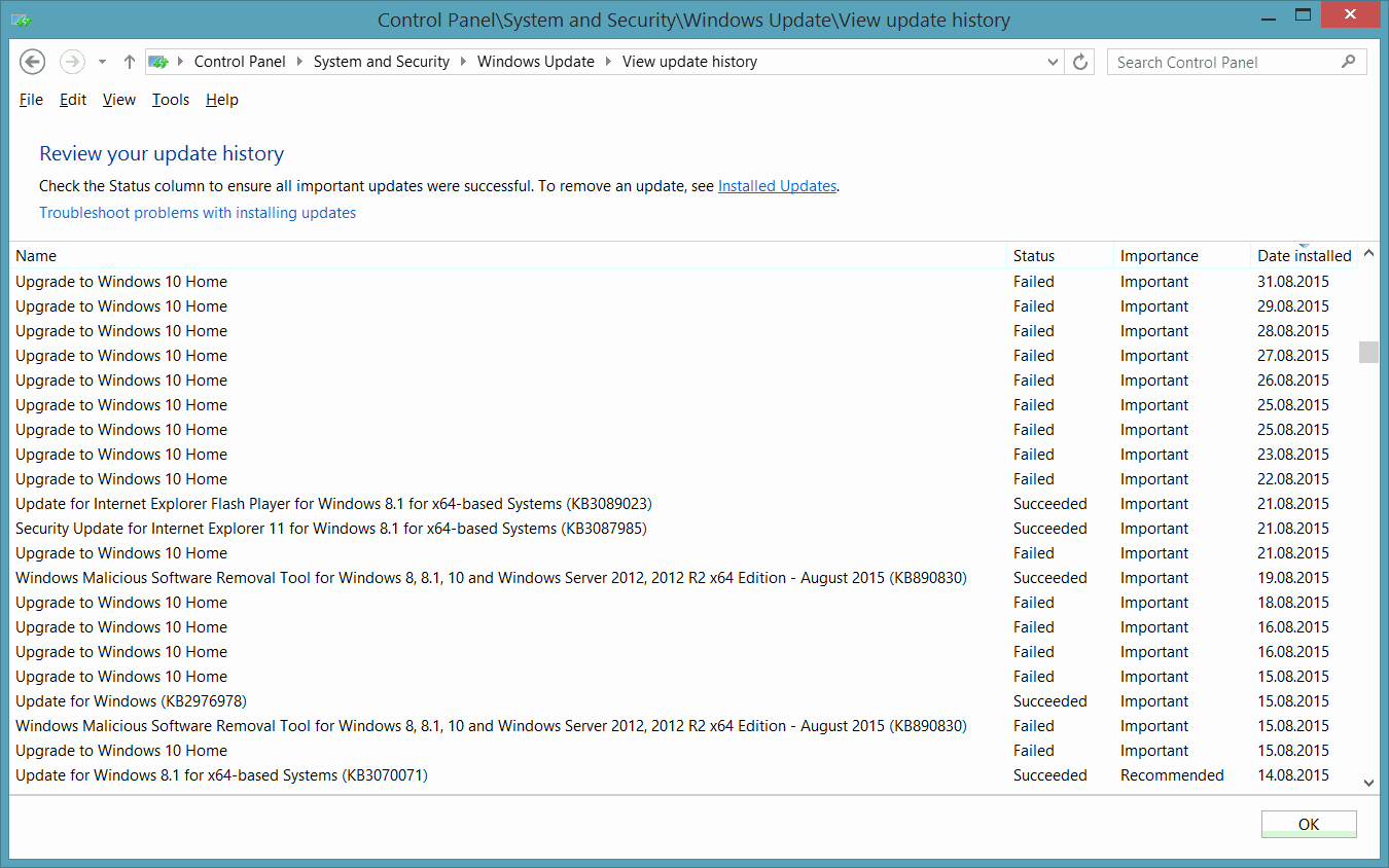 Screenshot: Windows Update History
