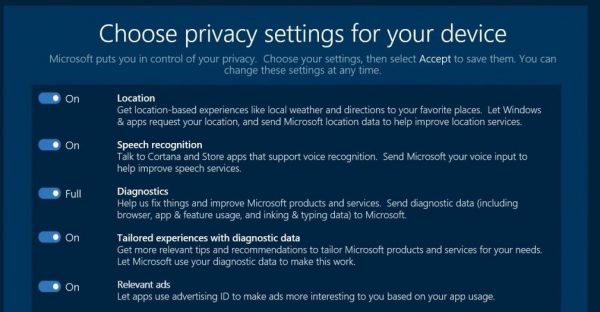 Creators Update Privacy Settings