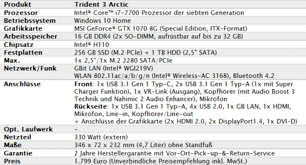 MSI Trident 3 Arctic Daten
