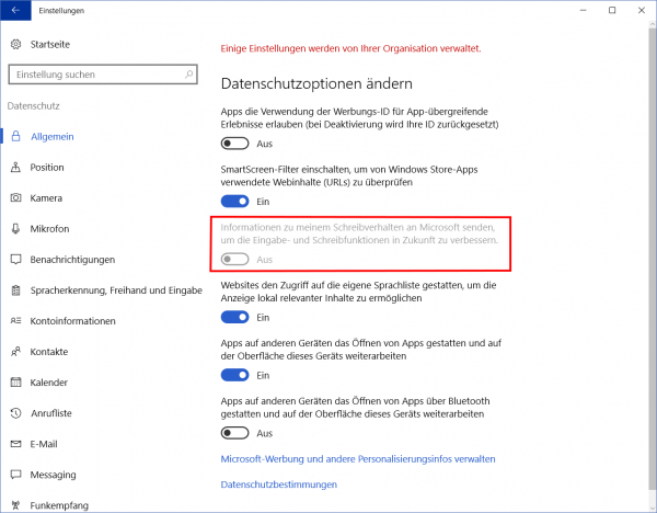 Windows 10 Datenschutzoptionen