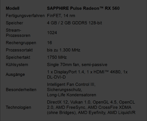 SAPPHIRE PULSE Radeon RX 560 Specs