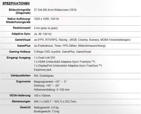 ASUS ROG Strix XG27VQ Specs