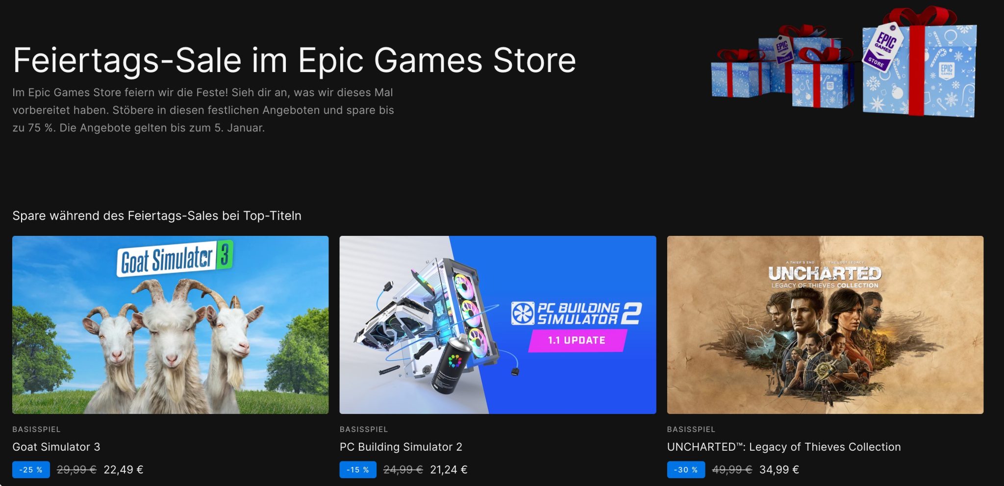 Epic Games Store mit Holiday Sale und 25 Rabatt auf den gesamten