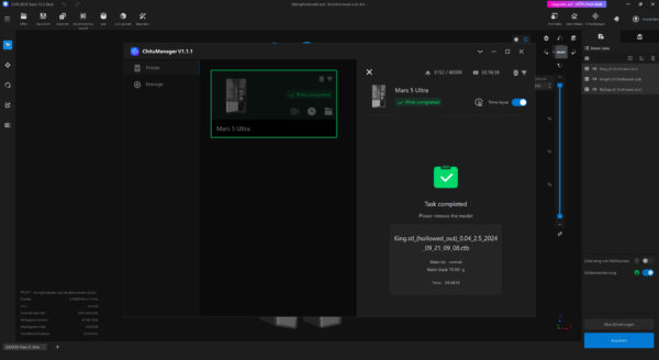 Chitubox ChituManager Druckmanagement - Druck beendet