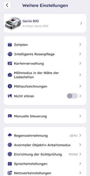 Anthbot Genie 800 - App Weitere Einstellungen