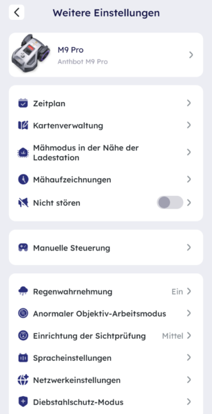 Anthbot M9 Pro - App Weitere Einstellungen